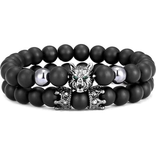 Punk wolf head bracelet set fashion animal crown black natural stone couple bracelet mens bicycle handmade jewelry accessories