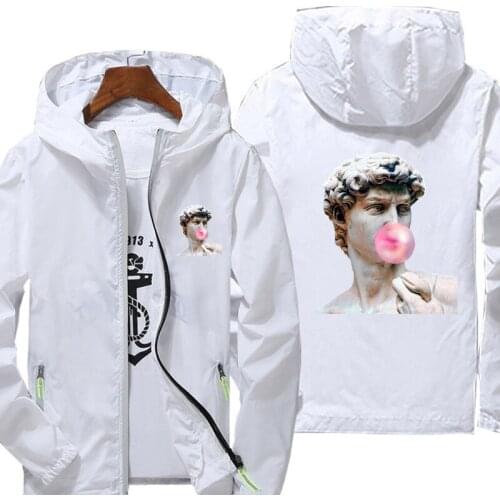 Casual MICHELANGELO Funny Print Jacket Autumn reflective zipper Windbreaker waterproof Jackets men street Hooded thin Coats