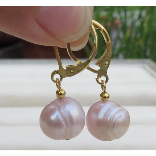 AAA 9-10mm South Sea pink purple Baroque Pearl Earrings YELLOW GOLD