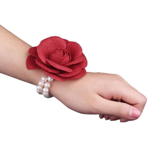 Silk Rose Flower Boutonniere Bride Wrist Corsage Man Suit Brooch Women Hand Wedding Flowers with Pearl Chain Party Decoration