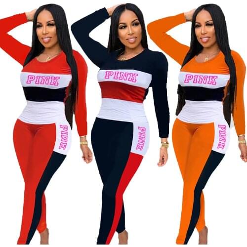Letter Printting Three Color Patchwork Round Neck Long Sleeve T-Shirt and Straight-Leg Trousers Women Autumn Suits Streetwear