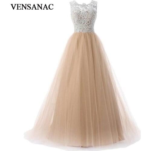 VENSANAC 2018 O Neck Embroidery A Line Long Evening Dresses Elegant Lace Tank Tulle Sweep Train Party Prom Gowns