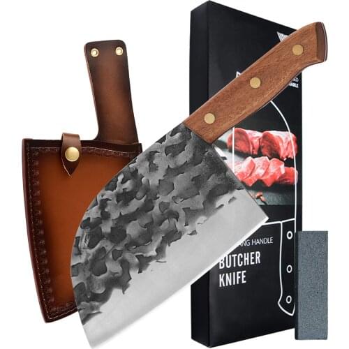 XYJ Full Tang 7-inch Butcher Knife Chinese Vegetable Knives Stainless Steel Kitchen Chefs Cleaver With Leather Sheath&Whetstone