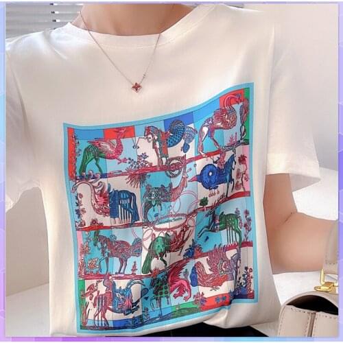 Butterfly Print Satin Silk Oversized T-Shirt Vintage Womens Tee Shirt Women Lady Short Sleeve T-Shirts Summer Korean Loose Tops