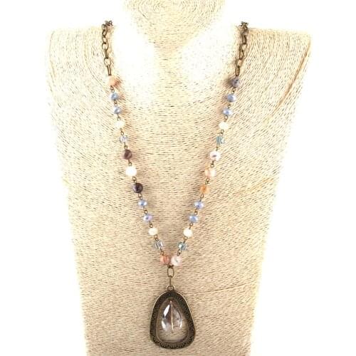 Fashion Jewelry Natural Stone & Glass Crystal Long Chain Metal Drop Pendant Necklaces For Women Ethnic Necklace Dropship
