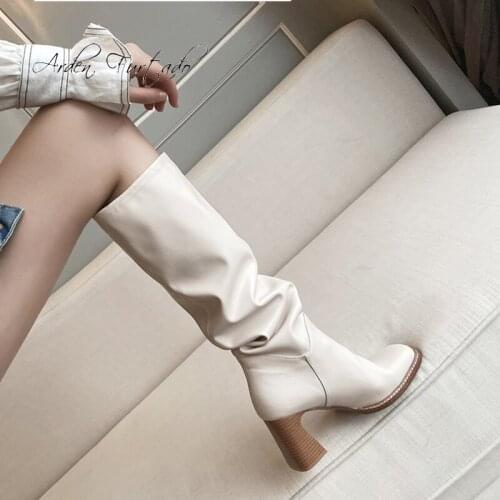 Arden Furtado Fashion Womens Shoes Square Toe chunky Heels Slip-on Sexy Elegant Ladies genuine leather Boots knee high boots 40