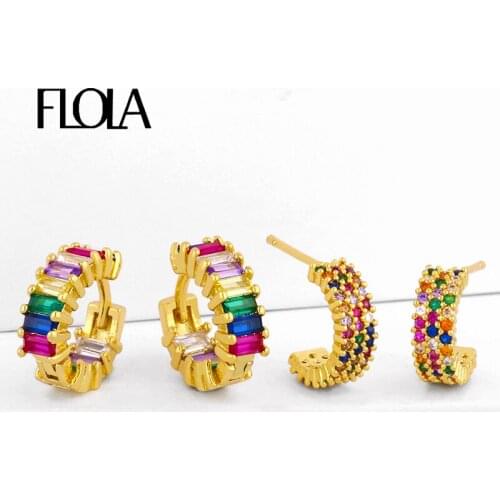 FLOLA Rainbow Baguette Huggie Earrings For Women Gold Filled Earrings Small Hoops Colorful CZ Micro Pave Fashion Jewelry erss92