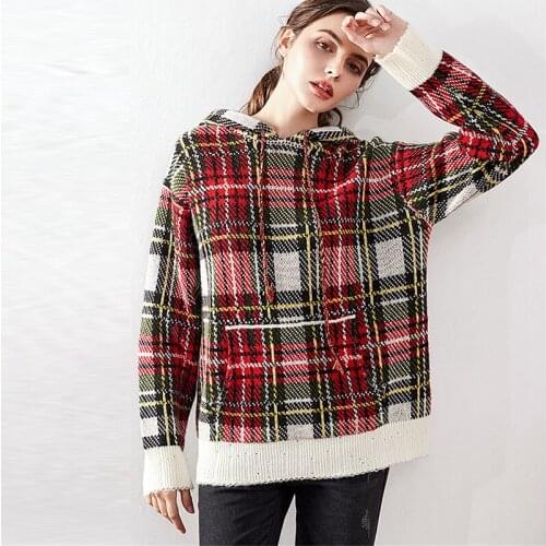 100% Cashmere Hooded Sweater Women Flower Plaid Thick Knitted Ethnic Exquisite Embossed Pullover Long Sleeves New Fashion