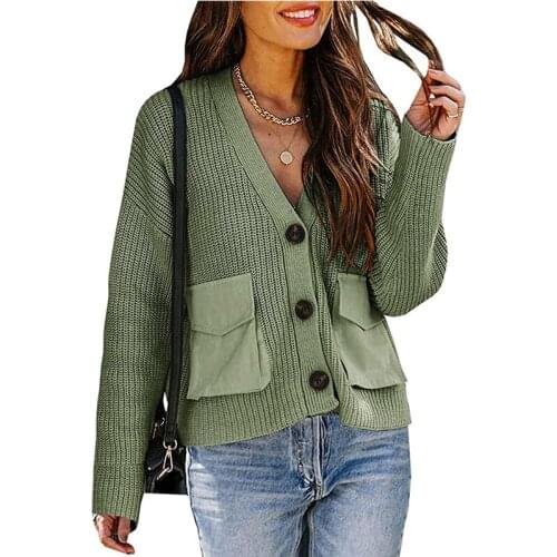 Casual Pockets Sweater Women Long Sleeve Buttons V-Neck Sweaters 2021 Autumn Winter Loose Knitted Cardigan Jumpers Warm Jacket