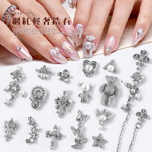 2 Pcs Charm Zircon Silver Alloy 3D Nail Art Decorations Shiny Crystal Pendant Luxury Jewelry Manicure Design Accessories
