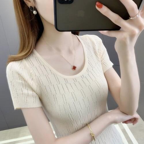 2021 20161 (room 3, Row 8, Top 1) Real Shot Round Neck Hollow Knitted Short Sleeve T-shirt 22