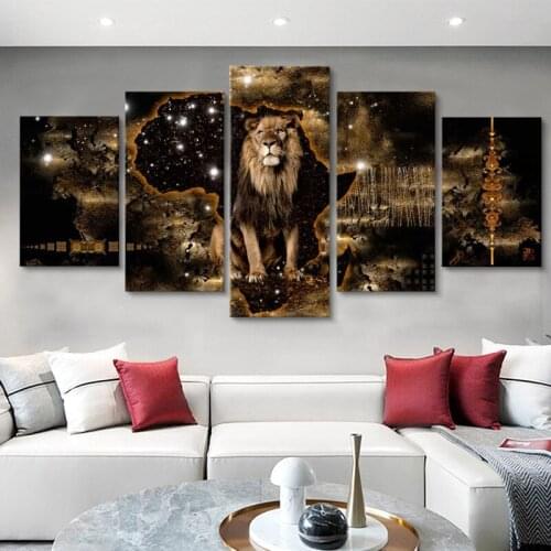 5 Pieces Fashion Wall Art Canvas Painting Abstract Golden Texture Animal Lion Painting Modern Home Decoration(No Frame)