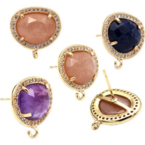 10pairs Silver Gold Plated Stud Earring Natural Green Agate Blue Sodalite Stone Earrings Connectors Linkers CZ Paved For Women