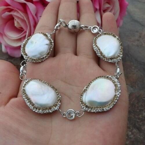 8'' White reborn Keshi Pearl cz pave Chain Bracelet luxury for women