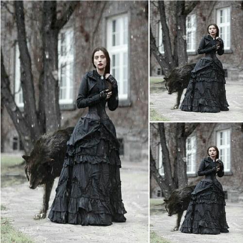 Historical Customer-made Black Vintage Costumes Renaissance Dress Steampunk dresses Gothic Cosplay Halloween Dresses C-1218