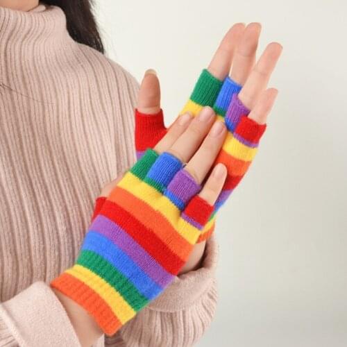 Kids Winter Knitted Full Half Finger Gloves Rainbow Colorful Striped Boys Girls Harajuku Outdoor Windproof Mittens 5-15T