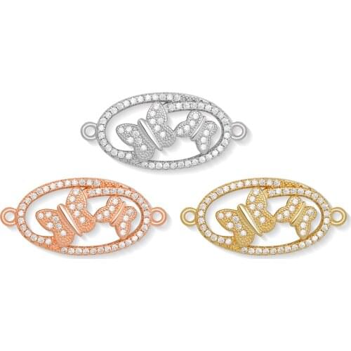 White Cubic Zirconia Crystal Two Cute Butterflies Oval Brass Charm For Necklace Bracelet Makings 2021 New Fashion CZ Jewelry DIY