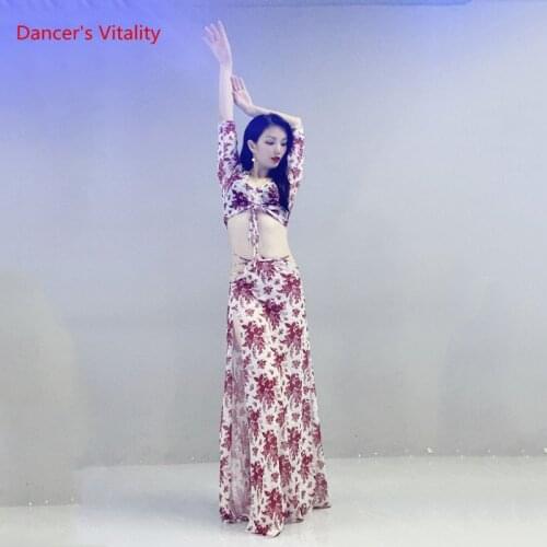 Belly dance suit Fashion print flowers belly dacning suit top and split skirt 2pcs Oriental Dance set Exotic dance wear