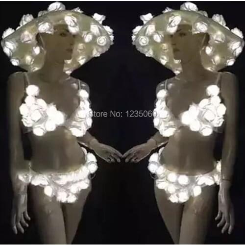 Ballroom dance led light costumes headdress luminous glowing women sexy stage show dresses bikini bra party club clothe dj show