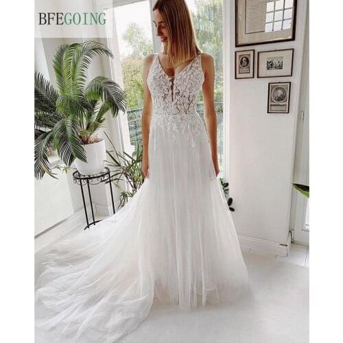 White Organza Tulle Lace Appliques Floor-Length A-Line Wedding Dress Chapel Train V-Neck Sleeveless Bridal Gowns