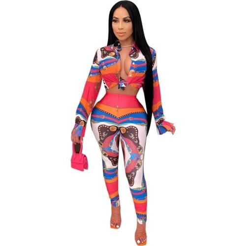 2020 hot sale spring fashion new casual style sets long sleeve lapel top elastic long pants printed two piece sets