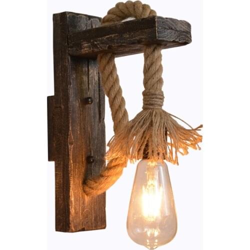 Hemp Rope Wall Lamp Vintage Wood Led Wall Lights for Home Restaurant Bedroom Bedside Wall Sconce Light Fixtures Industrial Decor