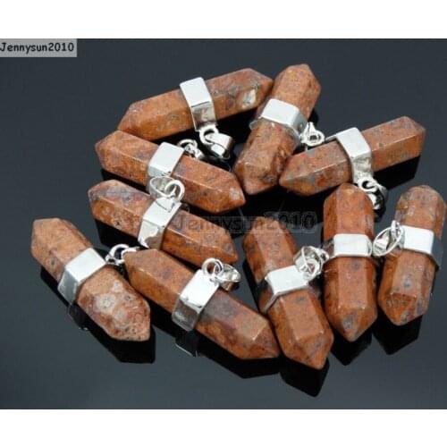 Natural Leopard Skin Gems Stones Horizontal Hexagonal Pointed Reiki Chakra Pendant Beads Necklace Jewelry 10Pcs/Pack