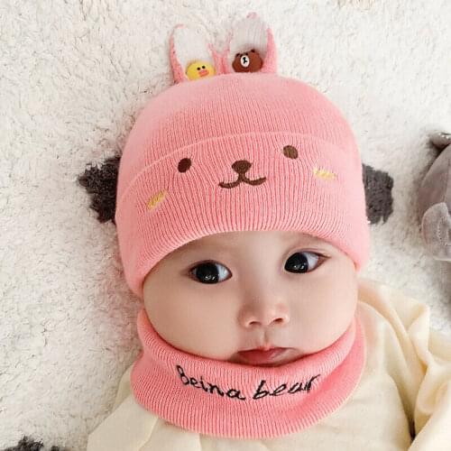 New Sweet Newborn Baby Cap Hat Scarf Infant Cotton Knit Hats Cartoon Rabbit Ears Cute Comfort Accessories Set