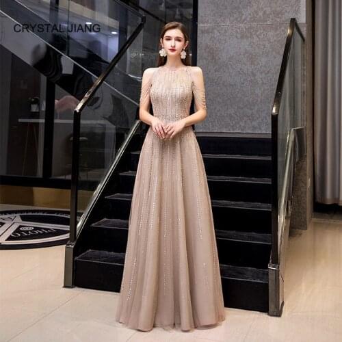 New Arrival 2020 Luxury Evening Dresses Long Sexy Halter Tassel Beaded A Line Evening Long Dress Robe De Soiree