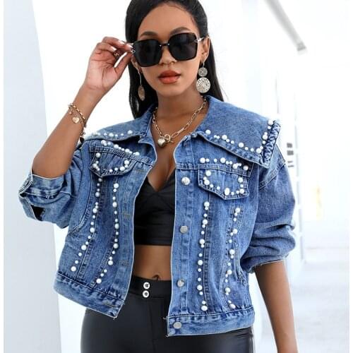 RMSFE 2021 Autumn And Winter Women Long Sleeve Fashion Casual Beaded Denim Jacket Outwear