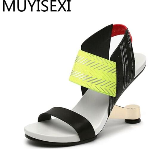 Gladiator Sandals Women Strange Metal High Heel 8cm Platform Party Shoes Woman Wedges Mixed Color Elastic Band HL172 MUYISEXI