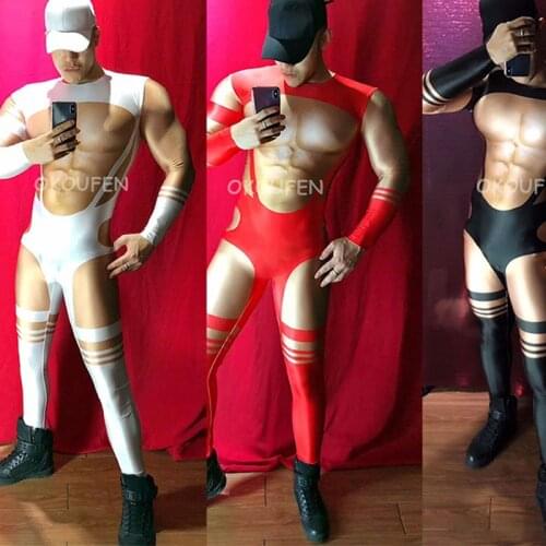 Halloween Christmas New Year theme party sexy costumes Bar nightclub male singer Ds 3D fake muscle hollow bodysuits dance wear