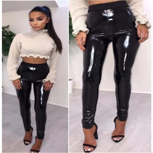 Sexy Casual Women Ladies Fashion PU Leather Black Skinny Elastic Waist High Waist Leggings Pants