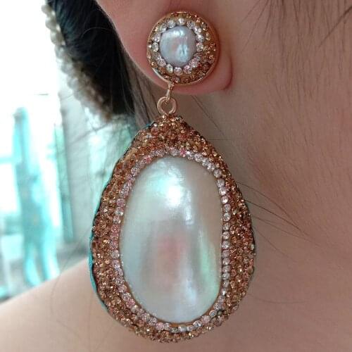 YYGEM 33x45MM White Mother Of Pearl Shell White Freshwater Pearl Stud Earrings cz pave Women Fashion Jewelry