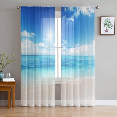 Ocean Beach Nature Landscape Sunlight Sheer Curtains for Living Room Kitchen Tulle for Windows Voile Yarn Curtains for Bedroom