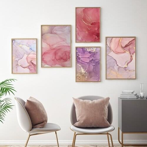 Nordic Purple Pink Canvas Painting Gold Poster and Print Abstract Scandinavian Wall Art Picture for Living Room Modern Decor