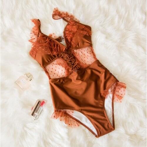 STAERK womens one-piece sexy lace small chest, gathering to cover the stomach, showing thin net, red hot spring holiday