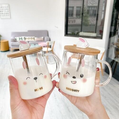 500ML Cute Rabbit Girl Cartoon Glass Breakfast Milk Cup With Lid Spoon Student Milk Tea Mug Office Drink Cup Holiday Gift