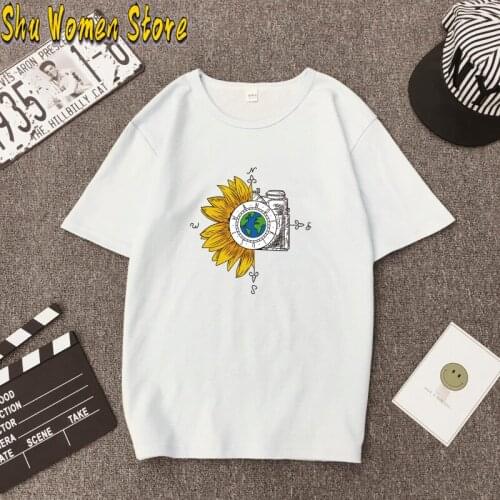 2021 Women Clothes Sunflower Camera Graphic Cute Printed Summer Fashion Ladies Woman Harajuku Top Tee Shirt T Female T-shirt