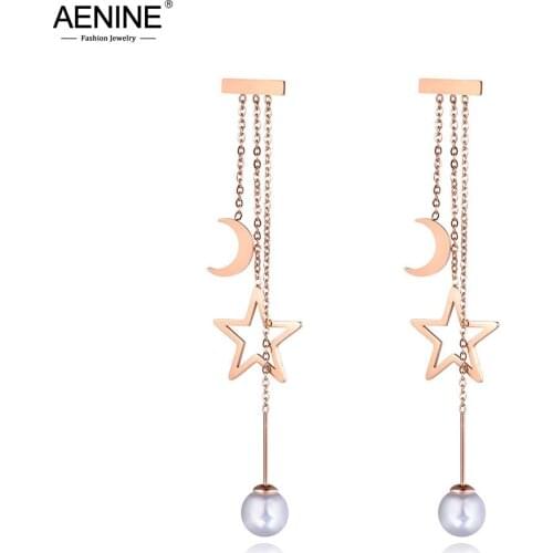 AENINE Fashion Stainless Steel Star Moon Tassel Drop Earrings Jewelry White Pearl Rose Gold Dangle Earrings For Women AE19089