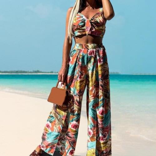 2pcs/Set Summer Outfits Women Pant Suits Plants Printed Sleeveless Crop Top Loose Wide Leg Pants two piece set Women Tracksuits