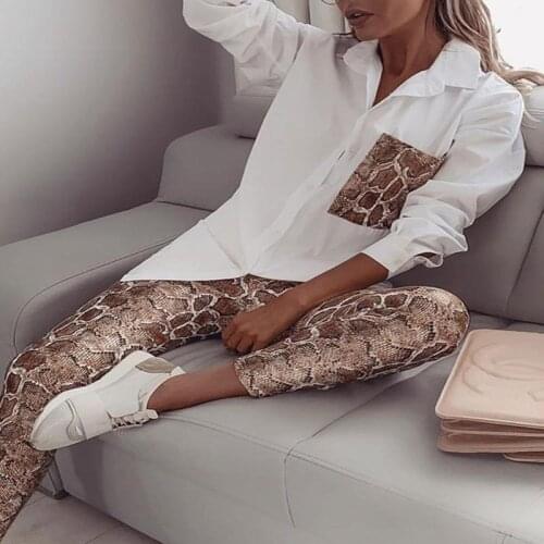 Fashion popular women set long sleeve snakeskin print shirt top and long pant 2 pieces outfits for women track suit outfit