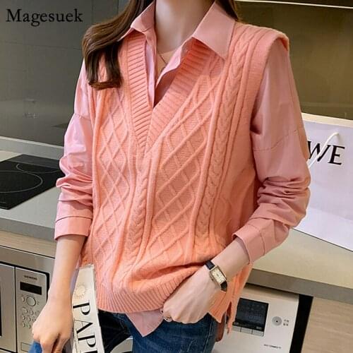 Sleelveless Women Sweater Vest Autumn Winter V-Neck Solid Knit Vest Vintage Preppy Style Loose Wool Pink Pullover Sweaters 16830