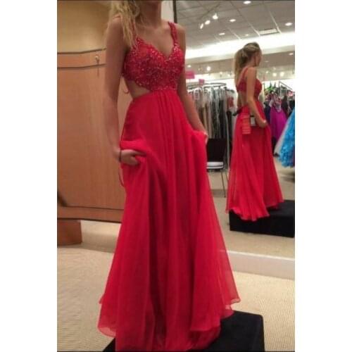 Elegant Beaded A-Line Long V-Neck Prom Dresses Sexy Robe De Soiree Red Open Back Chiffon Floor Length Formal Party Dresses