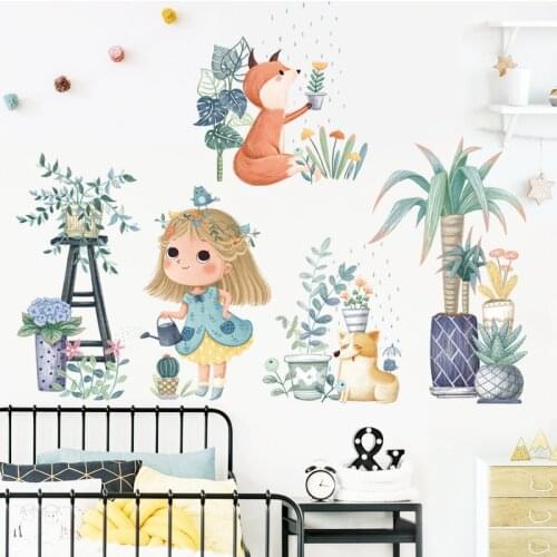 Zollor Girl Fox Dog Plants and Flowers Wall Sticker Bedroom Living room Childrens room Creative Decoration Stickers Removable