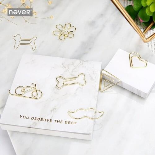 Never Marble Gold Shaped Paper Clip Creative Simple Office PaperClip Cutout Bookmark Paper Clips Office Accessories Heart Clips