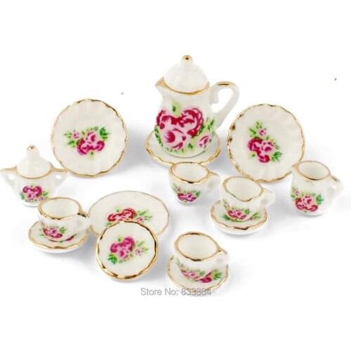 1/12 1 Set 15 Pieces Ceramics Tea Cup Set Lovely Dollhouse Decoration Set Dollhouse Kitchen Accessories