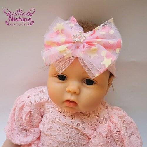 1 PCS Lovely Print Net Yarn Bowknot Newborn Headband Fashion Crown Bows Elastic Nylon Hairband Infant Headwear Baby Accessories