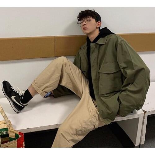 2021 Japanese Style Mens Military Zipper Work Clothes Streetwear Bomber Jacket Loose Outerwear Coat Green/blue Windbreaker