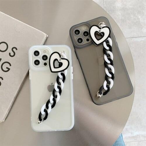 3D Black&White Love Heart Wrist Strap Chain Bracelet Phone Case for iPhone 12 11 Pro Max XR XS X 7 8Plus Shockproof Clear Cover